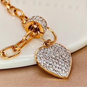 18K Gold Pave CZ Heart Pendant Paper Clip Necklace